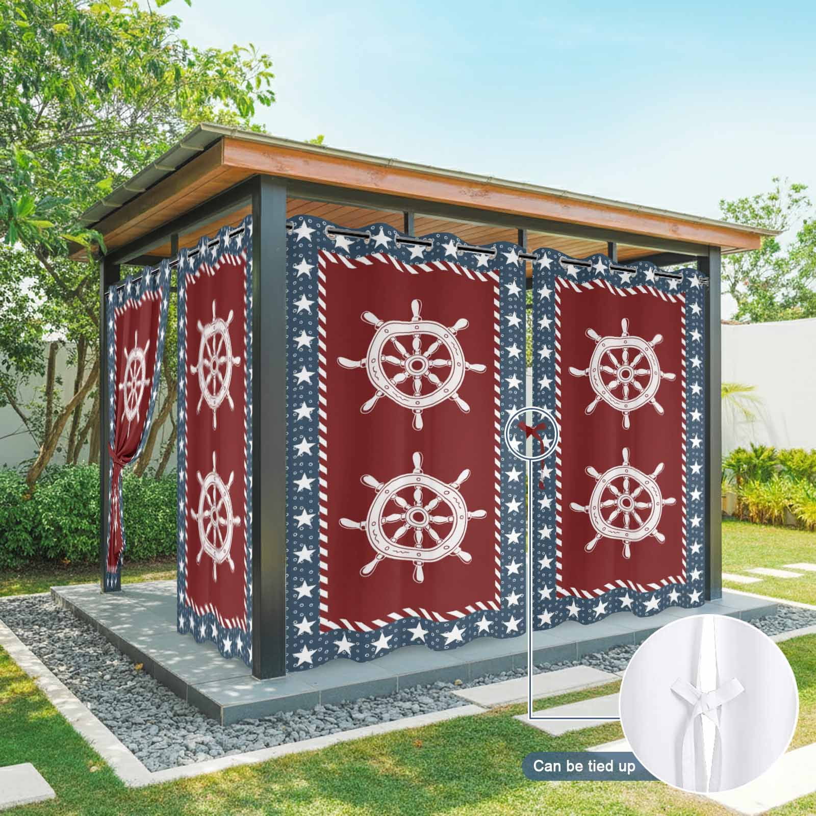 Independence Day Outdoor Curtains for Patio, U.S. Flag Ocean Coastal Rudder Pentagon Star Navy Blue Sunshade Privacy Drapes Grommet Waterproof Outside Curtains for Porch Balcony 54"x108", 1 Panel
