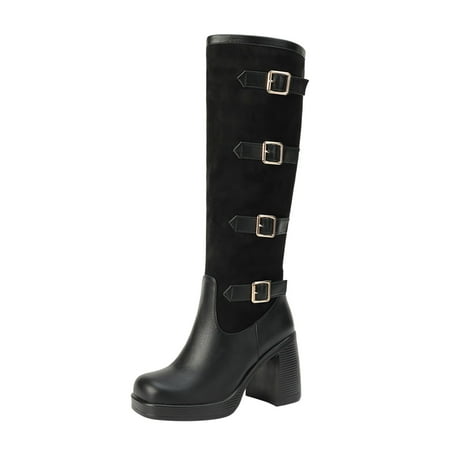 

Autumn And Winter Women s Boots Leather Splice Colored Belt Buckle High Heel Sleeve High Barrel Boots Easy to Clean Daily Casual Style Summer Fall