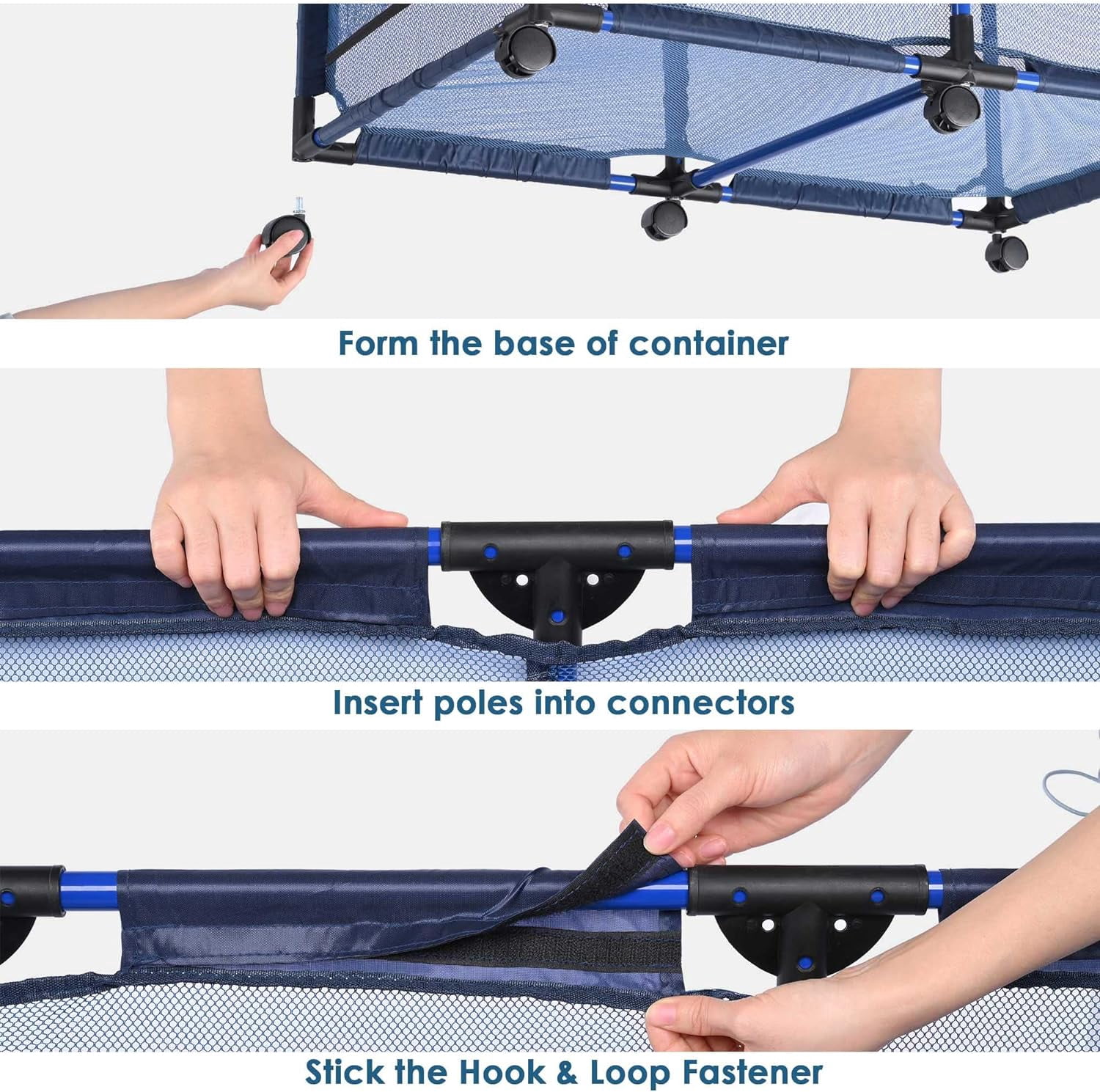Large Mesh Pool Storage Bin Netting Organizer 36" L x24 W x 35" H Rolling Storage Cart with Extended Sturdy Connector & Metal Frame Organizer for Float Goggles Container, Backyard Garage, Blue
