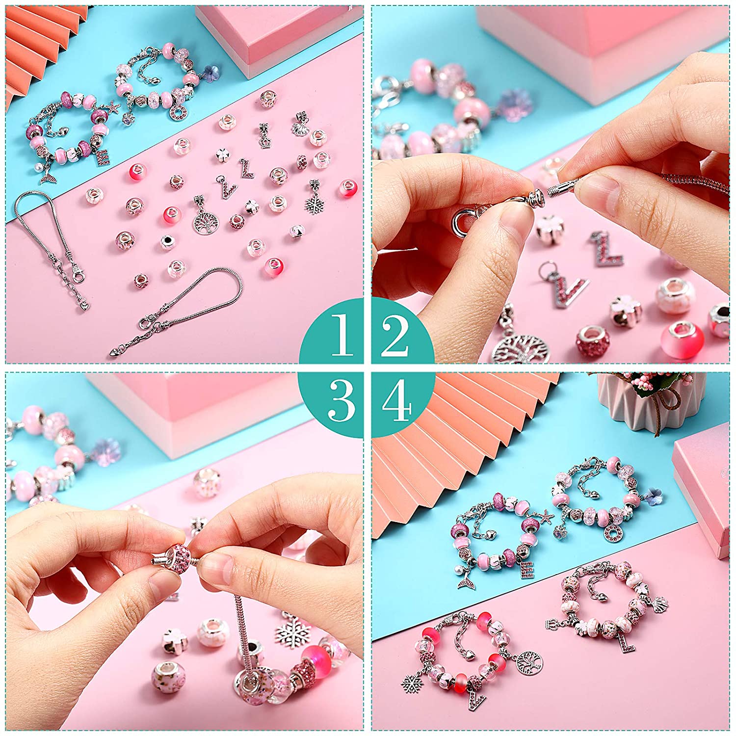 65 Pieces Charm Bracelet Kit, Assorted Pink Large Hole Glass Beads, Jewelry Pendant, Snake Bracelet Chain - image 4 of 7