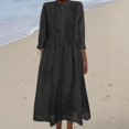 thumbnail image 6 of Womens Spring Midi Dress - Loose Long Sleeve Front Pleated Button Up Linen Cotton Summer Solid Color Flowy Caftan, 6 of 7