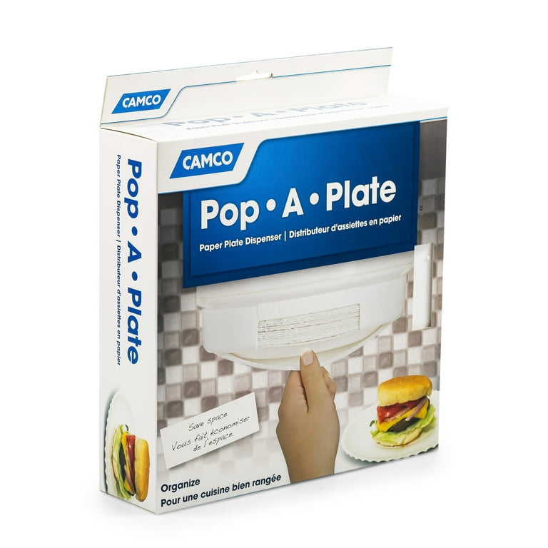 Plastic Plate Dispenser | 9-Inch Paper Plate Holder | Ideal for Compact Spaces, RVs and Trailers | Can Be Mounted Under Cabinets or Shelves (White)