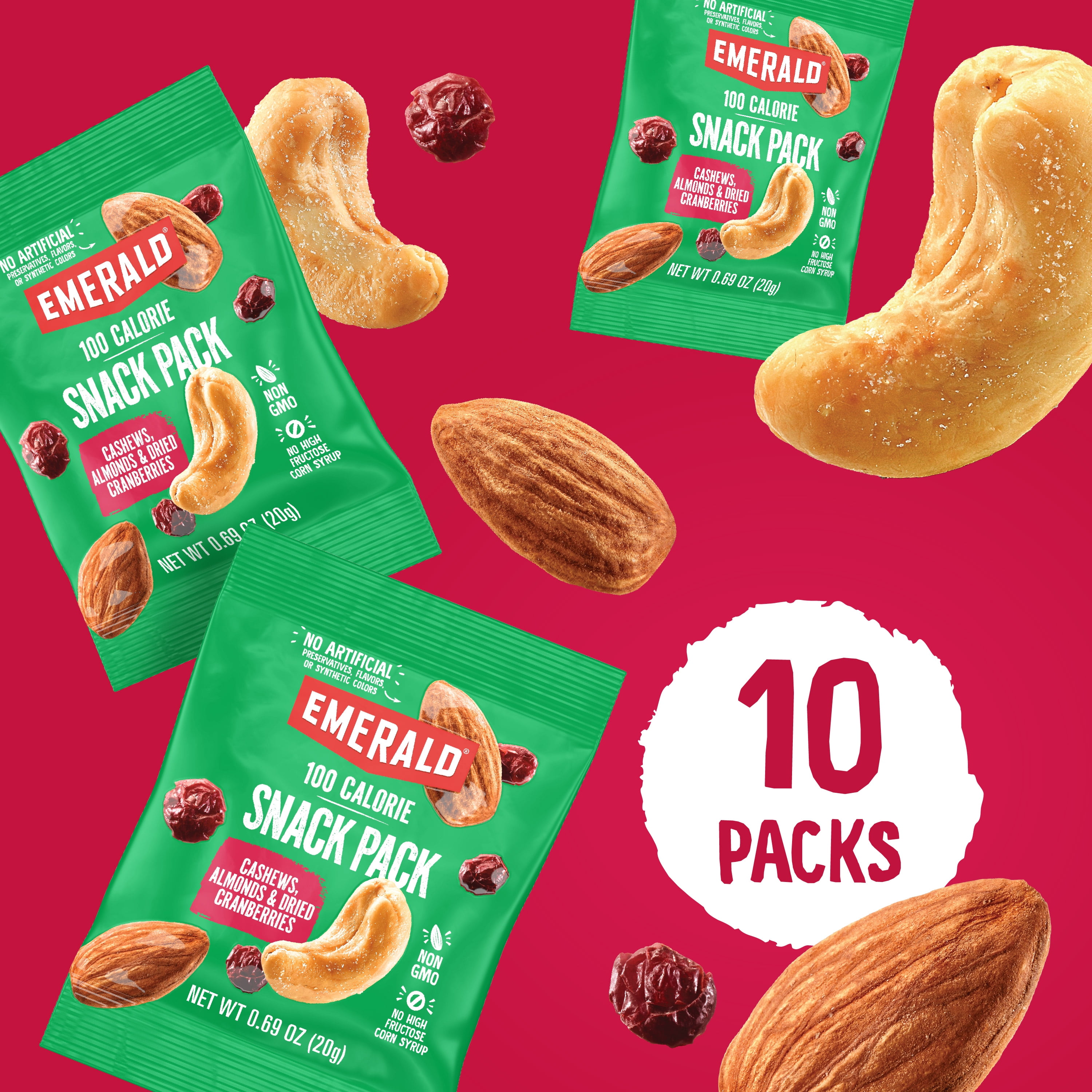 (4 pack) Emerald Nuts, Cashews & Almonds with Dried Cranberries, 100 Calorie Packs, 10 Ct, 6.9 oz