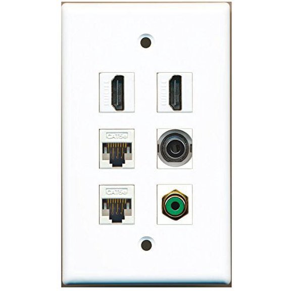 RiteAV - 2 HDMI 1 Port RCA Green 1 Port 3.5mm 2 Port Cat5e Ethernet White Wall Plate