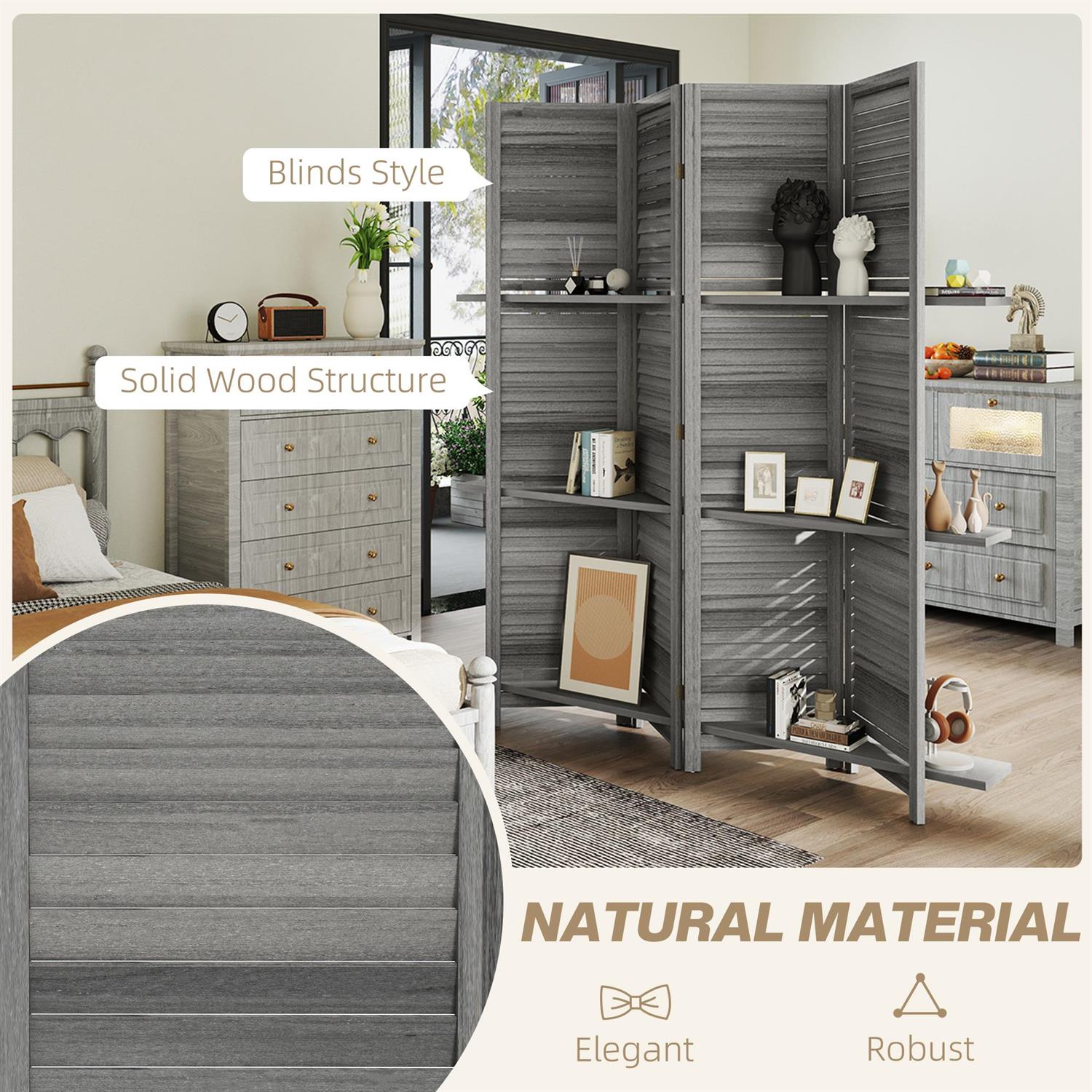 Demi Bonn 67" Tall Wood Privacy Screen Room Divider with 4 Panels, 3 Shelves, Folding Storage for Bedrooms, Gray