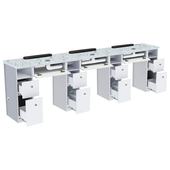 NOVA I Triple Manicure Table (With Vent Pipes), Nail Station for Beauty Salon Furniture & Equipment, Marble Top Acetone Resistant, Modern White/Gray