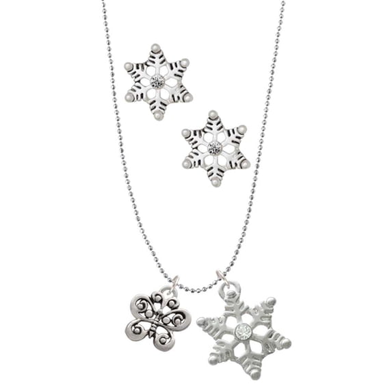 Delight Jewelry Silvertone Small Antiqued Butterfly Silver tone Snowflake Charm Necklace and Stud Earrings