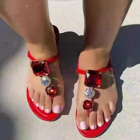 

uikmnh Women Shoes Slipon Casual Women s Sandals Shoes Round Breathable Toe Bling Flats Fashion Women s Sandals Red 7