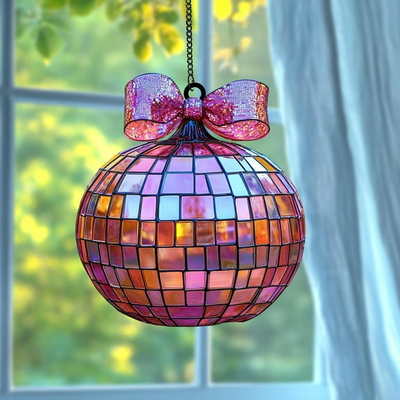 Iridescent Mosaic Pumpkin Disco Ball Wavy Acrylic Suncatcher, Faux Wavy Acrylic Pink Jack O Lantern Window Ornament For Halloween Porch Decor
