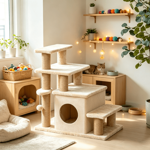 Adjustable Cat Stairs Scratching Post & Toy Ball, 3/4-Step Design, for Bed & Sofa, Beige