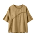 thumbnail image 6 of Lenpel Cotton Linen Shirts for Women Crew Neck Half Sleeve Boho Tops Casual Vintage Frayed Blouses Beach Vacation Clothes, 6 of 6