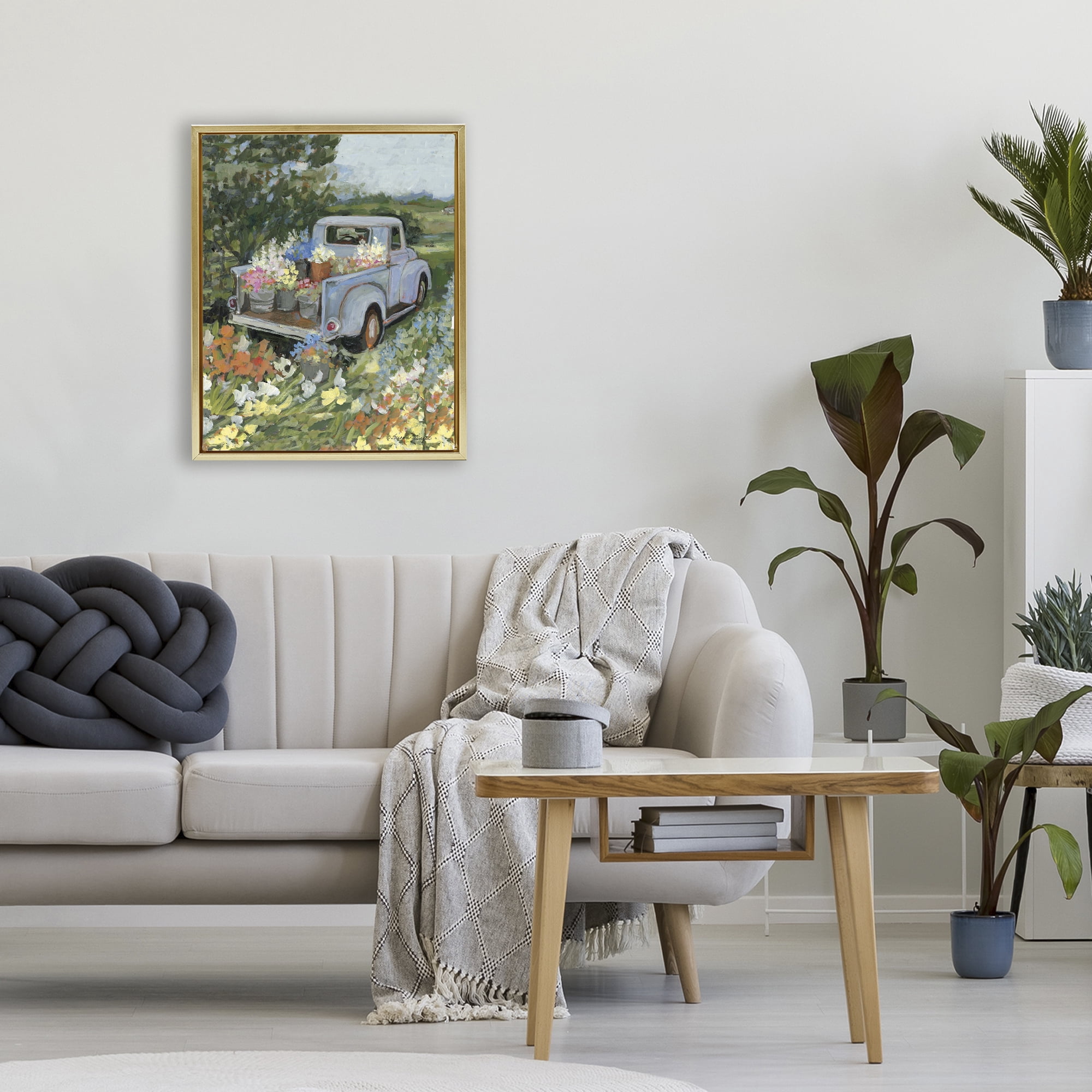 Stupell Industries Truckin' Field with Flowers Gold Framed Floater Canvas Wall Art, design by Susan Winget