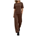 thumbnail image 2 of Athletic Outfit Sets 2 Piece Women Solid Oversized Crew Neck Short Sleeve Top Drawstring Wide Leg Pants Brown S, 2 of 8