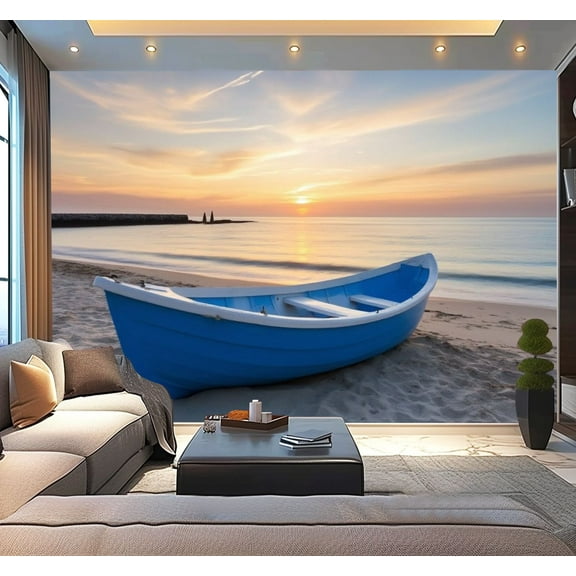 Peel and Stick Wallpaper Turquoise Blue Fishing Boat Sunrise Bournemouth Beach Pier Far Modern Art Wall Mural Decor Self Adhesive and Removable 100in x 144in