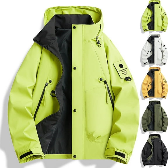LNZGNM Green Windbreaker Jackets for Men M-3XL Windproof Winter Jacket Casual Breathable Hooded Mens Jackets Lightweight Adjustable Neckline Outdoor Hiking Fishing Coats, Fluorescent Green L