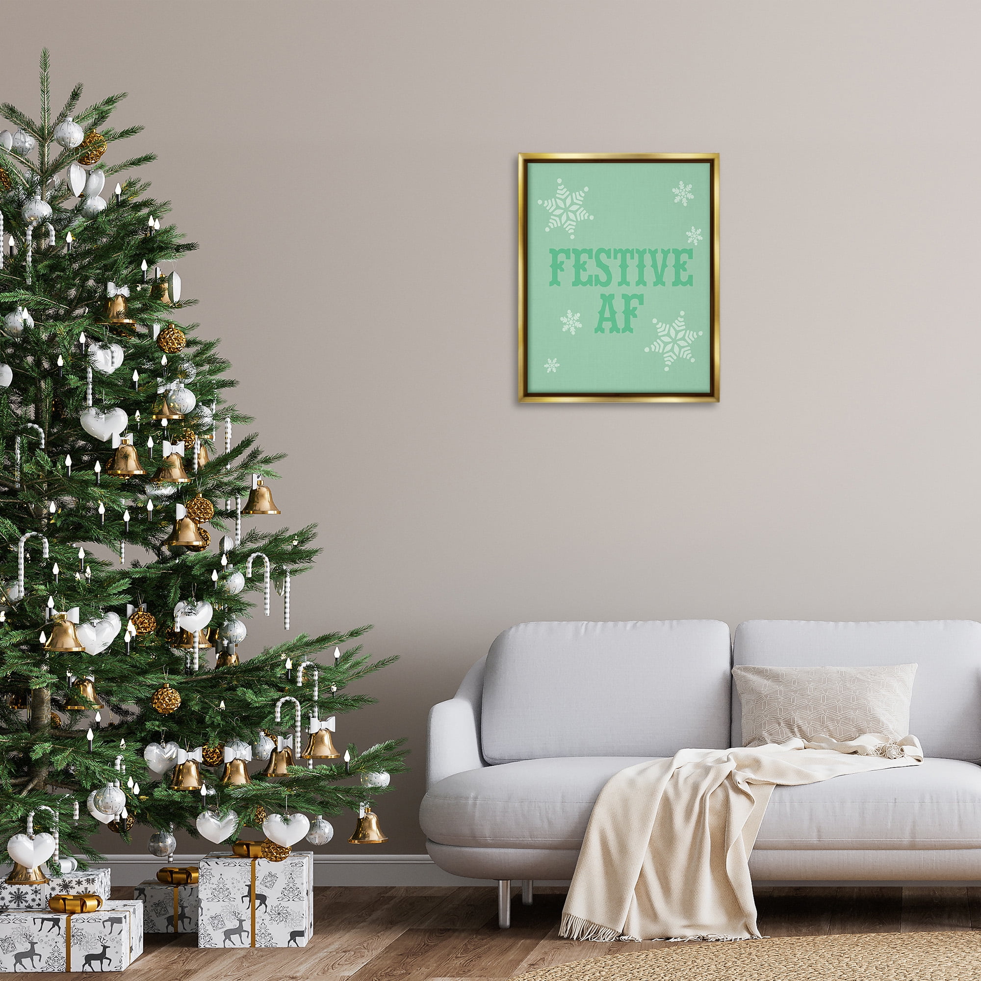 Stupell Industries Funny Festive AF Phrase Holiday Painting Gold Floater Framed Canvas Art Print Wall Art, 25 x 31