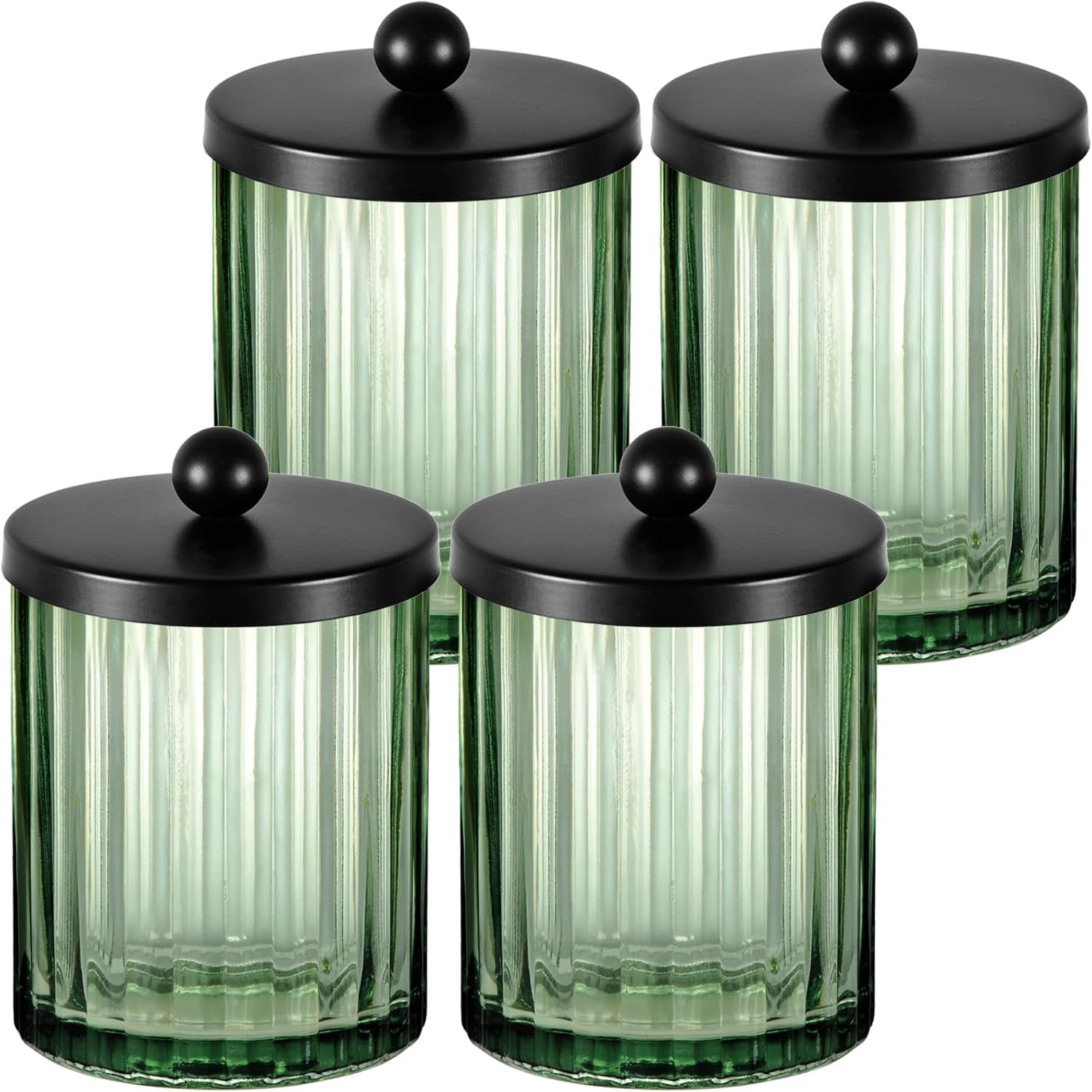 RGHJAR-Sage Green Glass Apothecary Jar, Qtip Holder Dispenser for Cotton Swabs, Balls, Makeup Pads, Floss Picks, Bathroom Essential Accessories, Countertop Canister Storage Organizer (Black, 4 Pack)