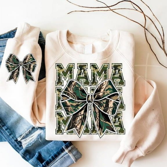 Camo Mama Bow Sweatshirt, Coquette Camouflage Hoodie, Cute Bow Sleeve Pullover for Moms