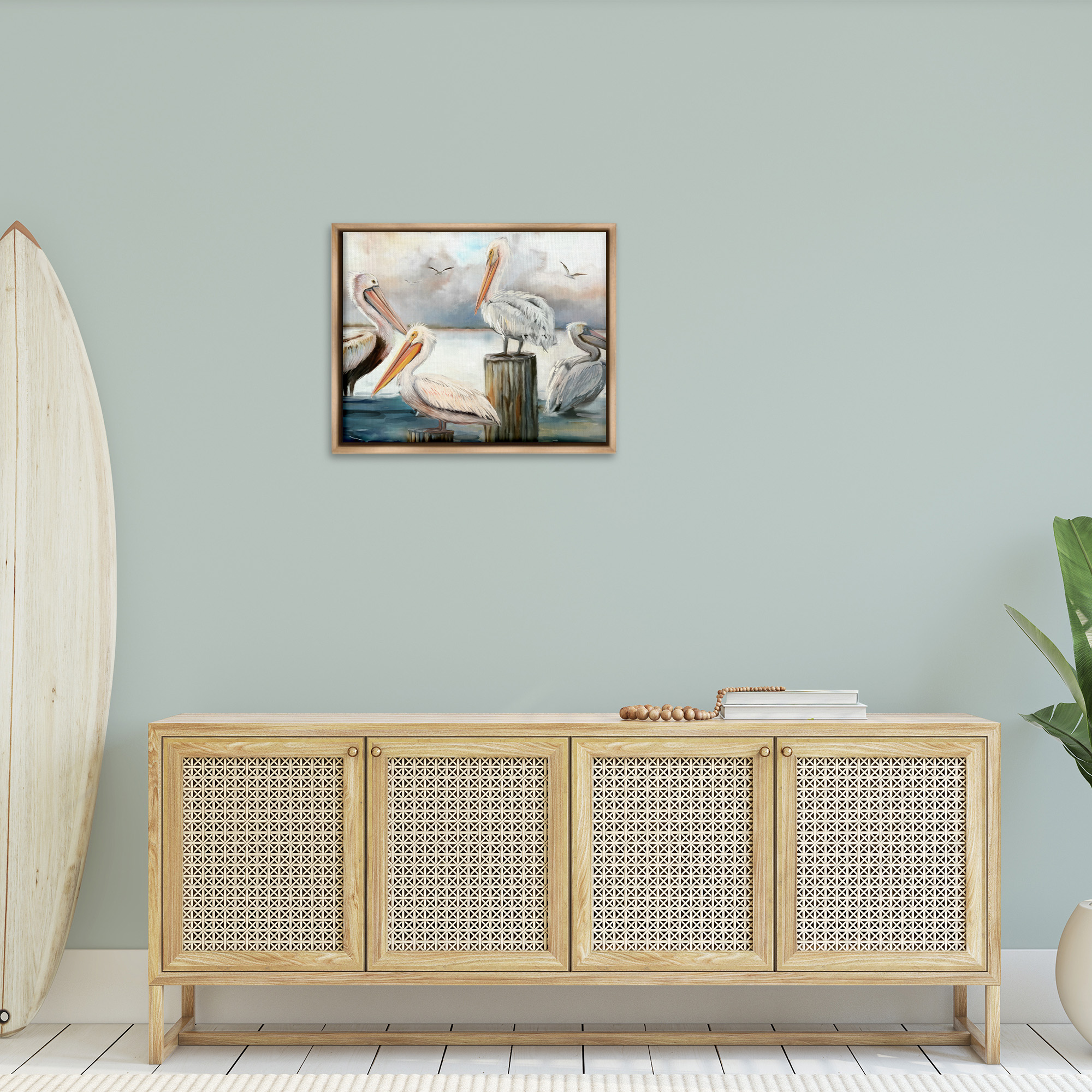 Stupell Industries Pelicans Perched Cloudy Horizon Nature Painting Brown Floater Framed Canvas Art Print Wall Art, 31 x 25
