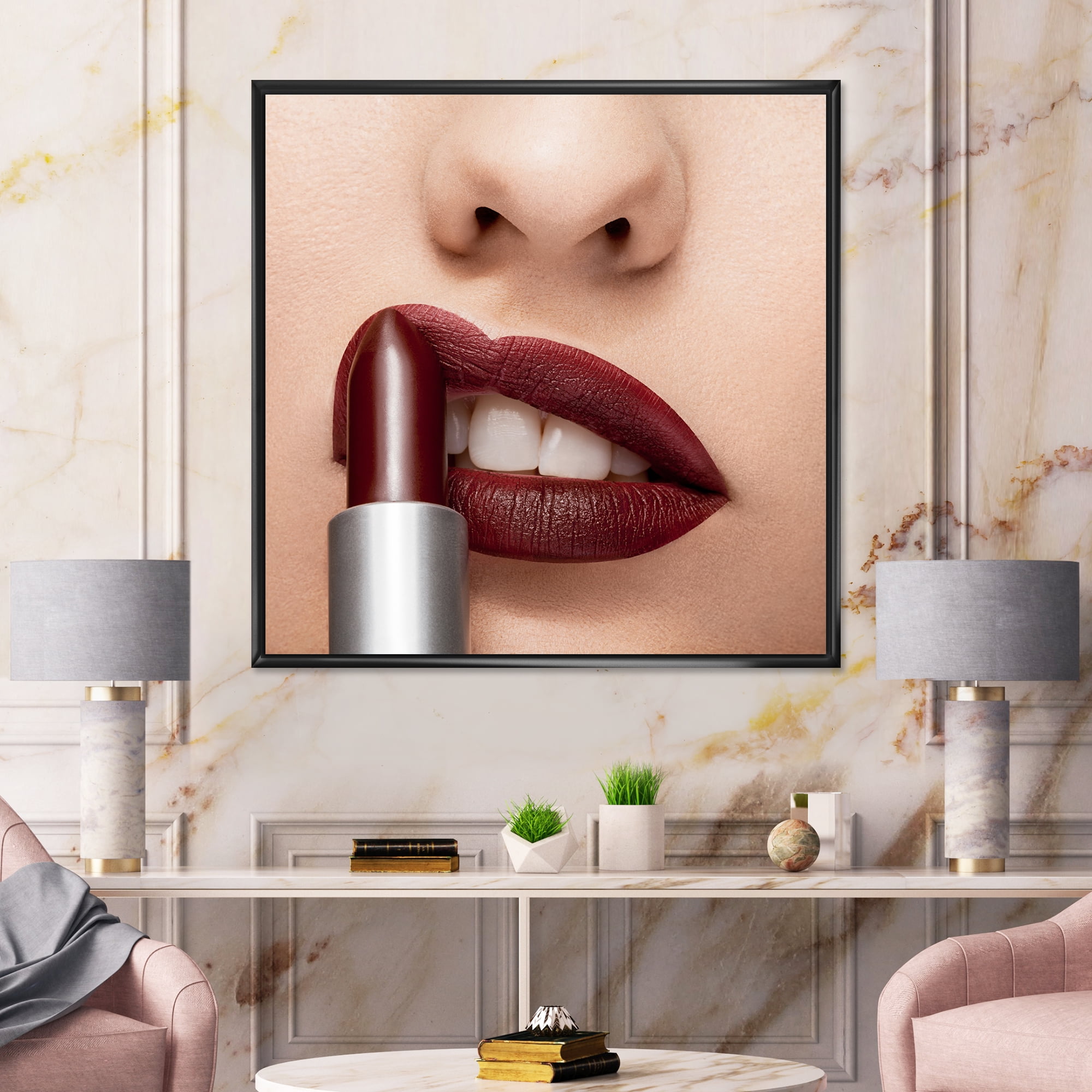 Designart 'Red Lipstick Getting Applyed On Woman Lips' Modern Framed Canvas Wall Art Print