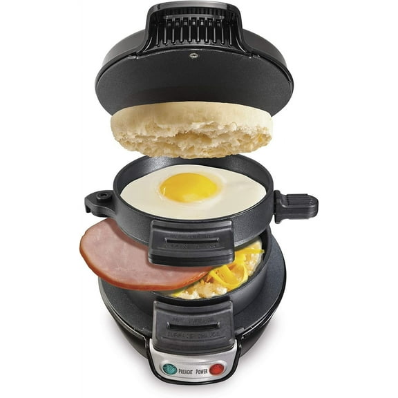 Thunder Breakfast Sandwich Maker with Egg Cooker Ring, Customize Ingredients, Perfect for English Muffins, Croissants, Mini Waffles, Perfect White Elephant Gifts, Black (25477)