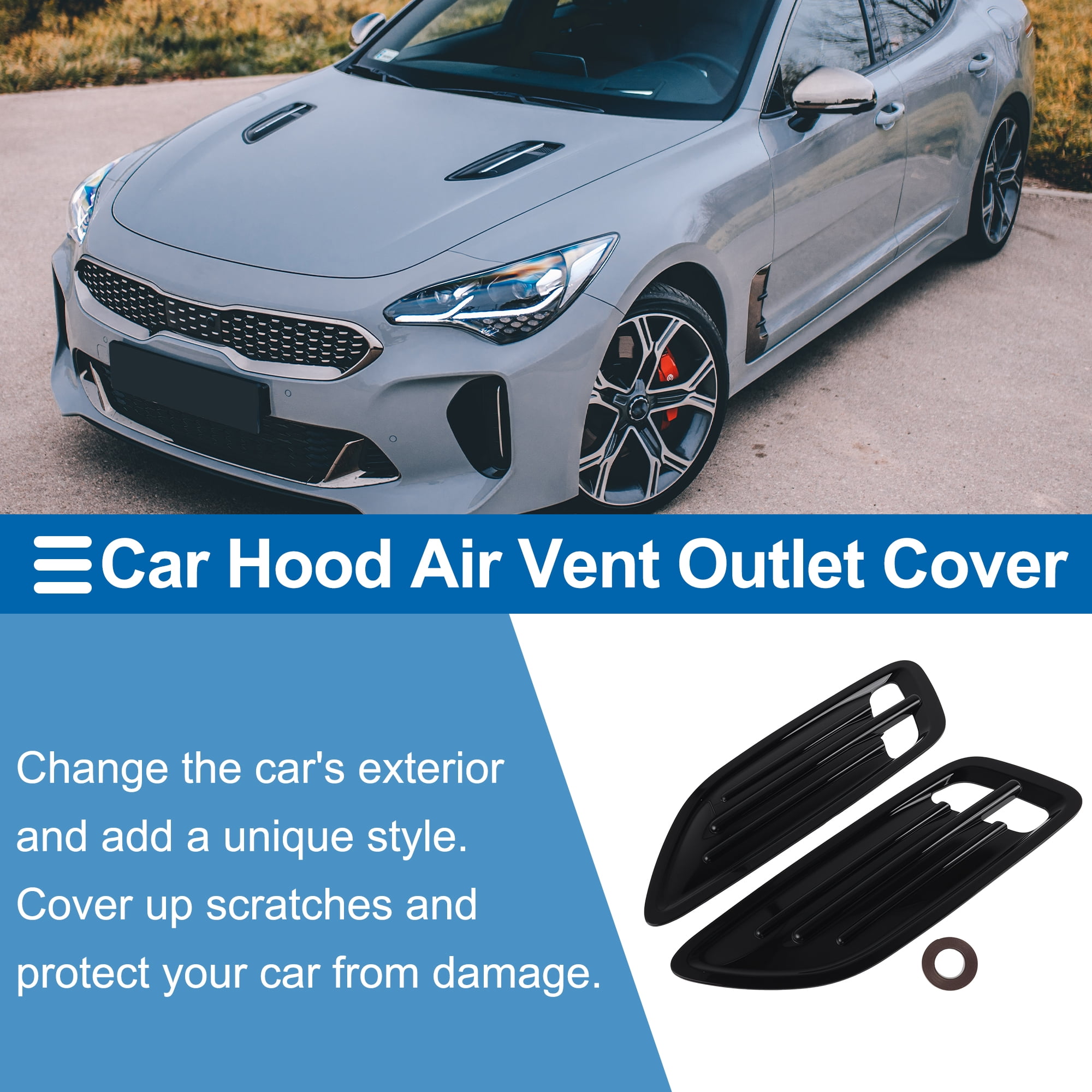 Unique Bargains Hood Air Outlet Vent Cover Trim for Kia Stinger 2018-2023 Hood Scoop Bezel Exterior Decor Cover ABS Glossy Black x 1 pair