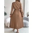 thumbnail image 4 of Womens Flowy Long Sleeve Dress Elegant Plain Color Stand Collar Belted Pleated Dress With Hem, 4 of 5
