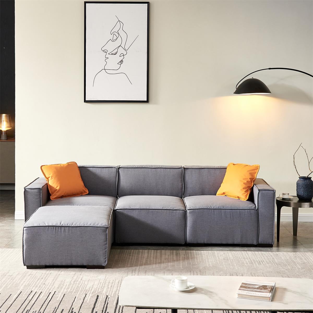 Modular Sofa with 2 Pillows, LShaped Sectional Sofa with Convertible