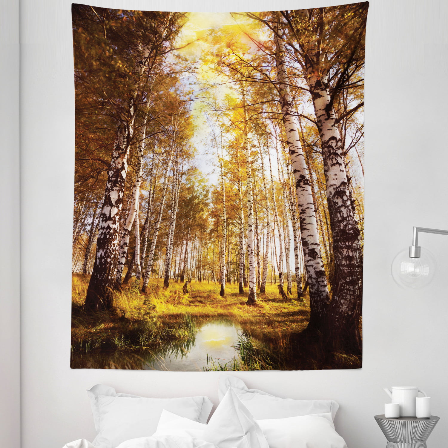 Sun Illuminating a Path That Leads to a Forest Fabric Tapestry 51x60 inches 