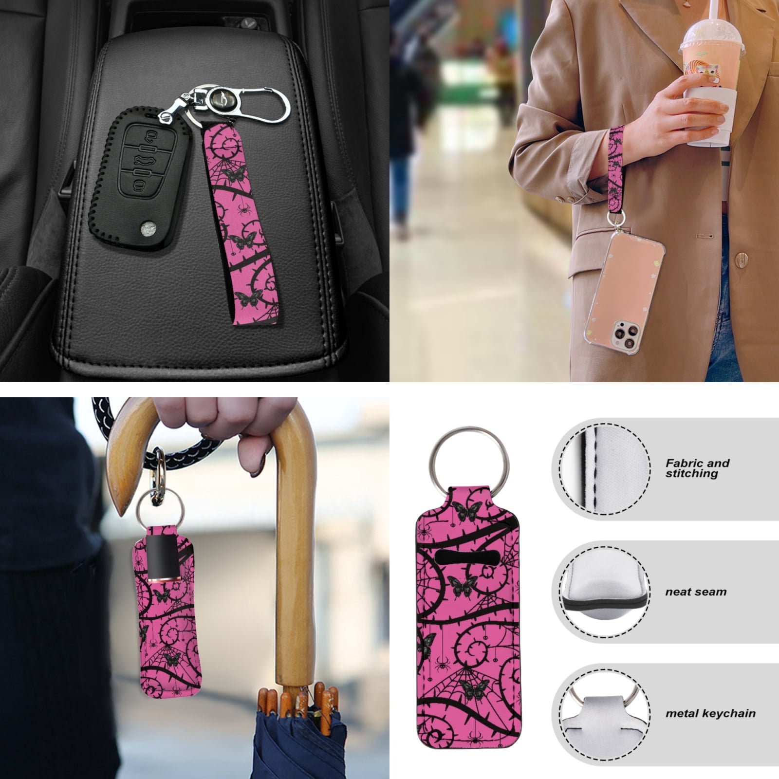 Yuyamidu Pink Gothic Auto Seat Cover Full Set 13 PCS Car Accessories Set Butterfly Steering Wheel Cover Armrest Cover Seatbelt Shoulder Pad Cup Mat Lip Gloss Holder Key Ring