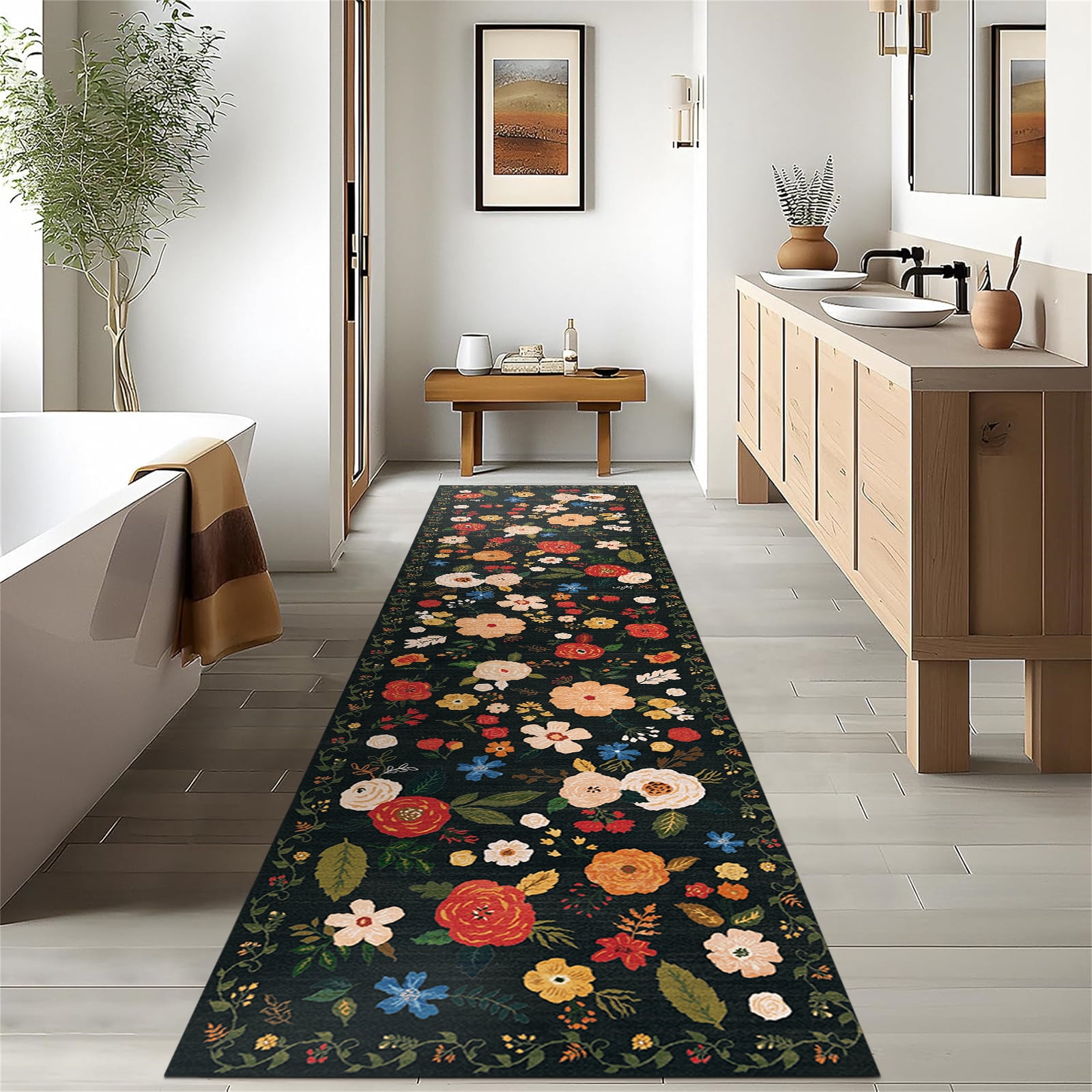 2'6''x 10' Boho Runner Rug for Hallways, Soft Non Slip Washable Runner Rug Floral Floor Carpet Runner Rug for Entryway Laundry Room Bathroom