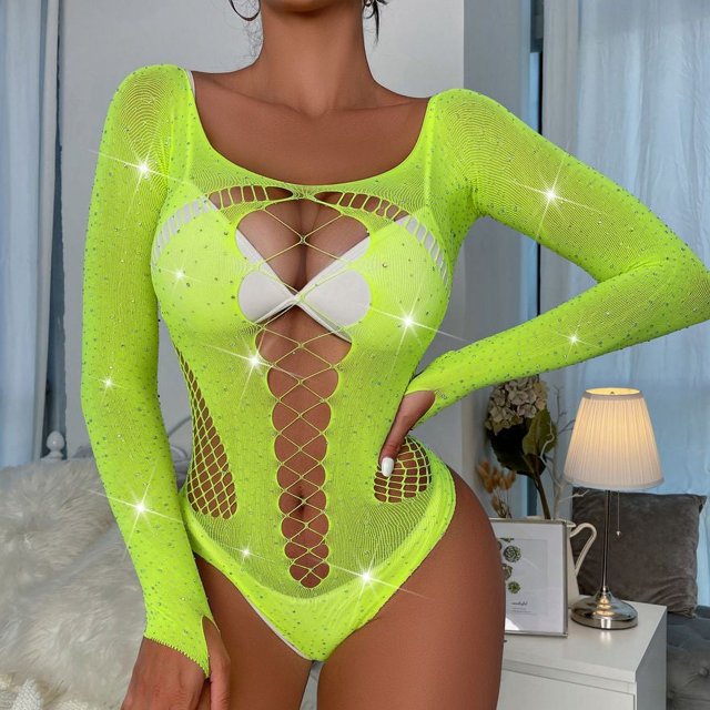 Body de malla de manga larga con purpurina y diamantes de imitación para mujer