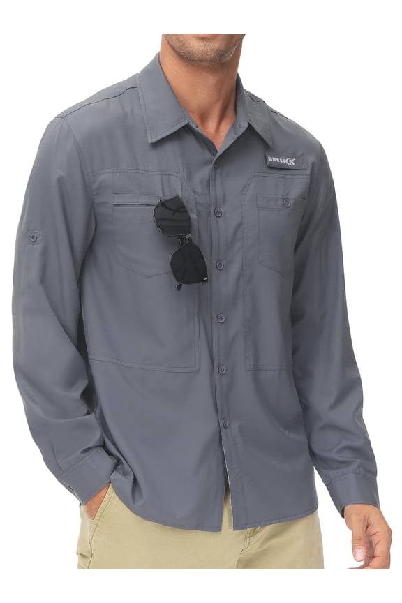 Men's Sun Protection Fishing Shirts Long Sleeve Travel Work Shirts for Men UPF50+ Button Down Shirts with Zipper Pockets Dark Grey L