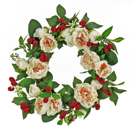 22 in. Artificial Spring Wreath, Woven Branch Base, Peony Flowers, Raspberries, Leafy Greens