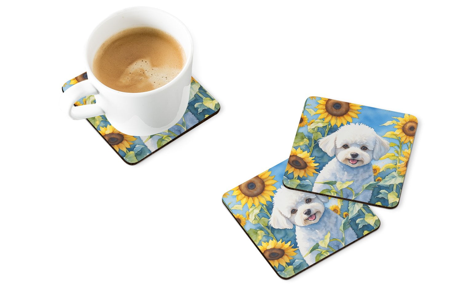 Bichon Frise in Sunflowers Foam Coasters 3.5 in x 3.5 in