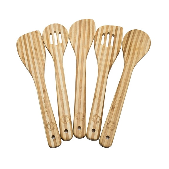 Bamboo Kitchen Utensil Set - 5 Piece Premium Cooking Tools and Gadgets; Spoons, & Spatulas with Hanging Storage Holes in the Handles; Natural Eco-friendly Organic material; Better Than