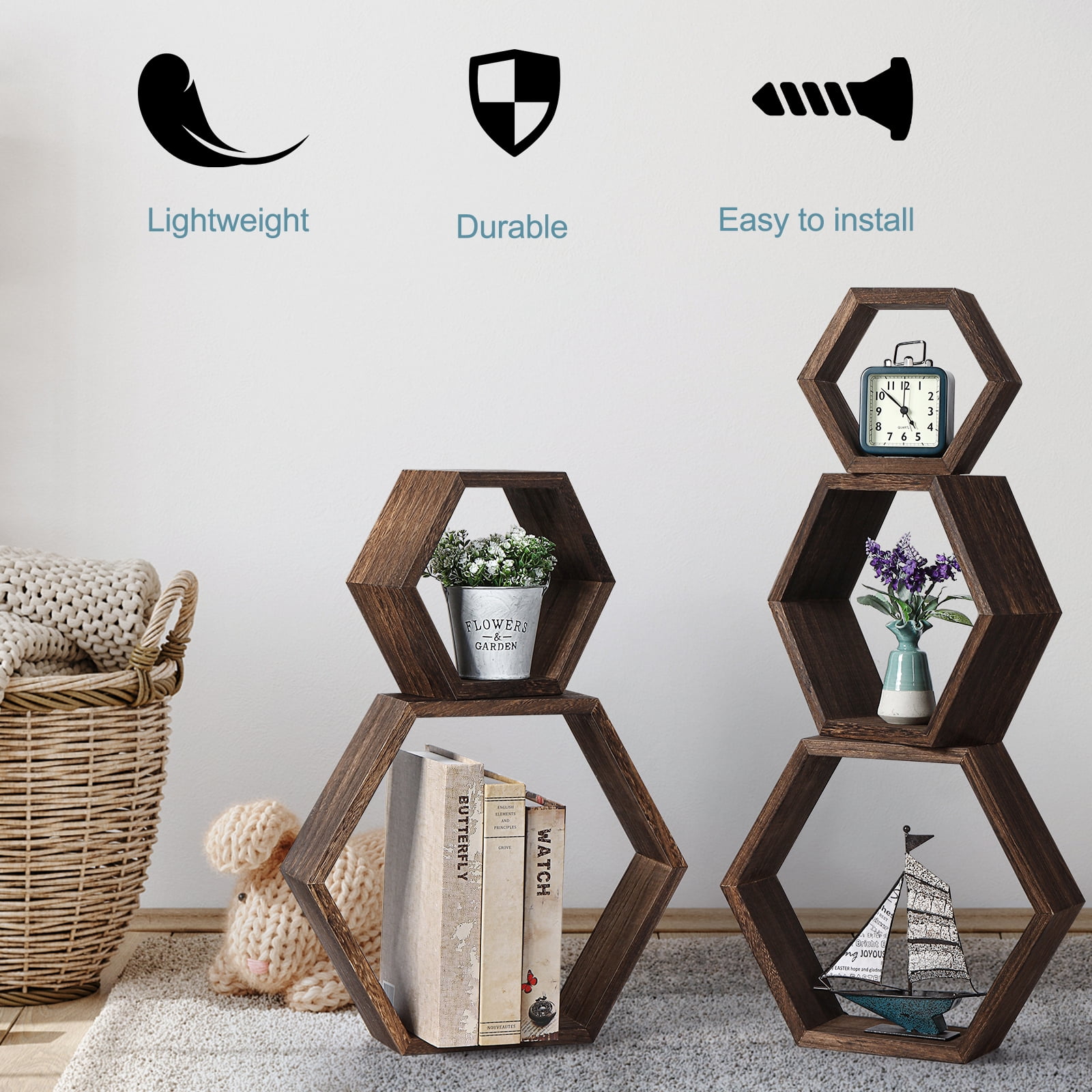 Hexagon Floating Shelves 5 Different Sizes Honeycomb Shelves for Wall, Brown
