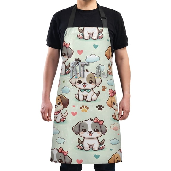 Cute Dog Paw Heart Cloud Kitchen Apron with 2 Pockets Adjustable waterproof Cooking Aprons for Women Men Chef