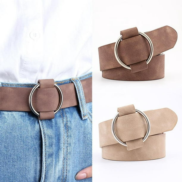 Girls women PU leather belt with round buckle waistband without prong Brown  