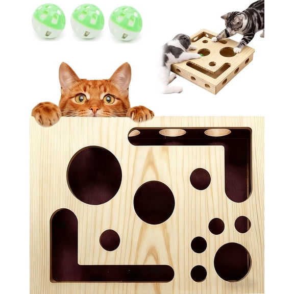 Cat Scratch Puzzle Enrichment Box Nail File Stress Free Alternative to Clippers and Grinders, Wooden Cat Nail File Scratcher Felines Files Claws Maze Box, Puzzle Enrichment Toy with Bell Ball