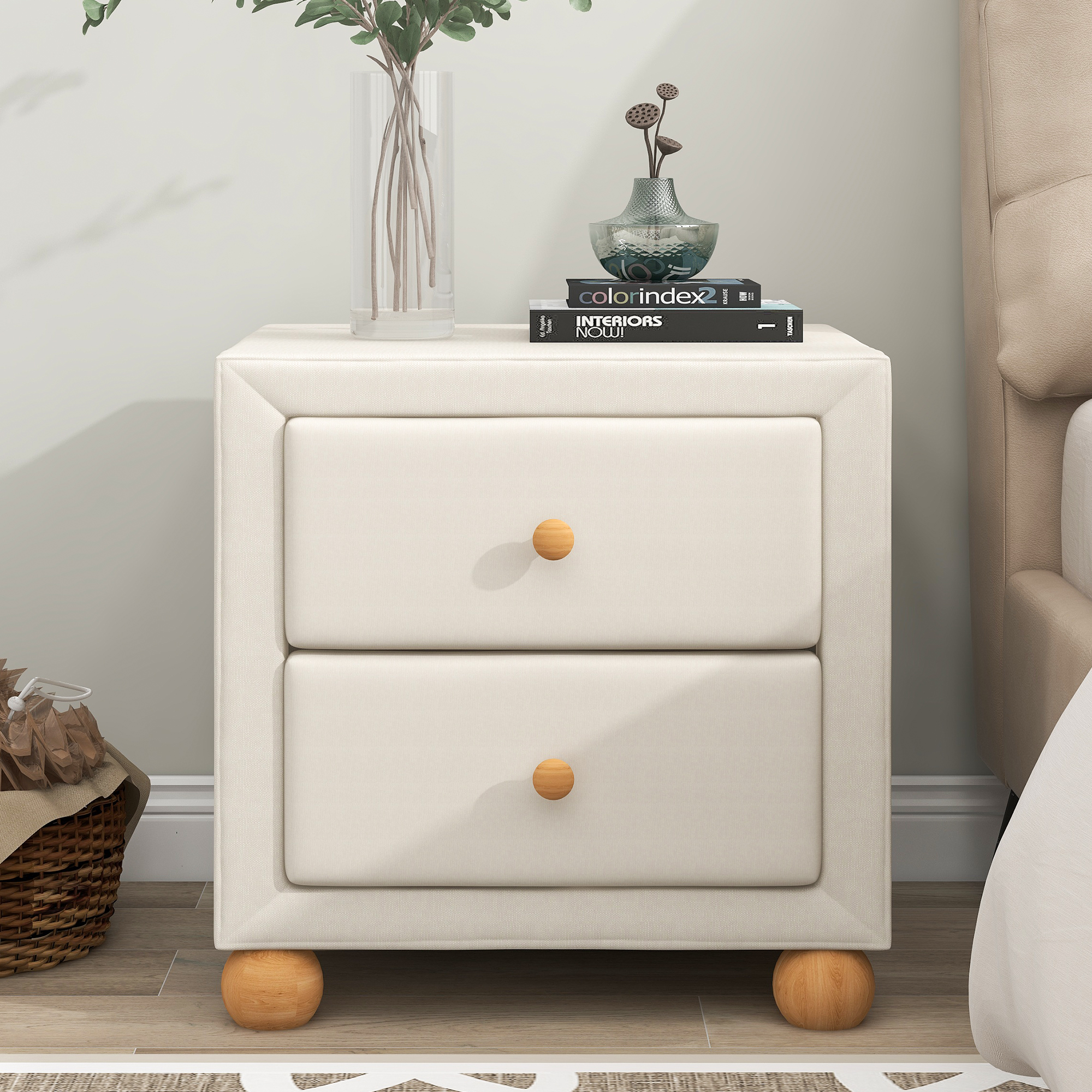 Paproos Nightstand for Bedroom, Upholstered Fabric Bedside Table with 2