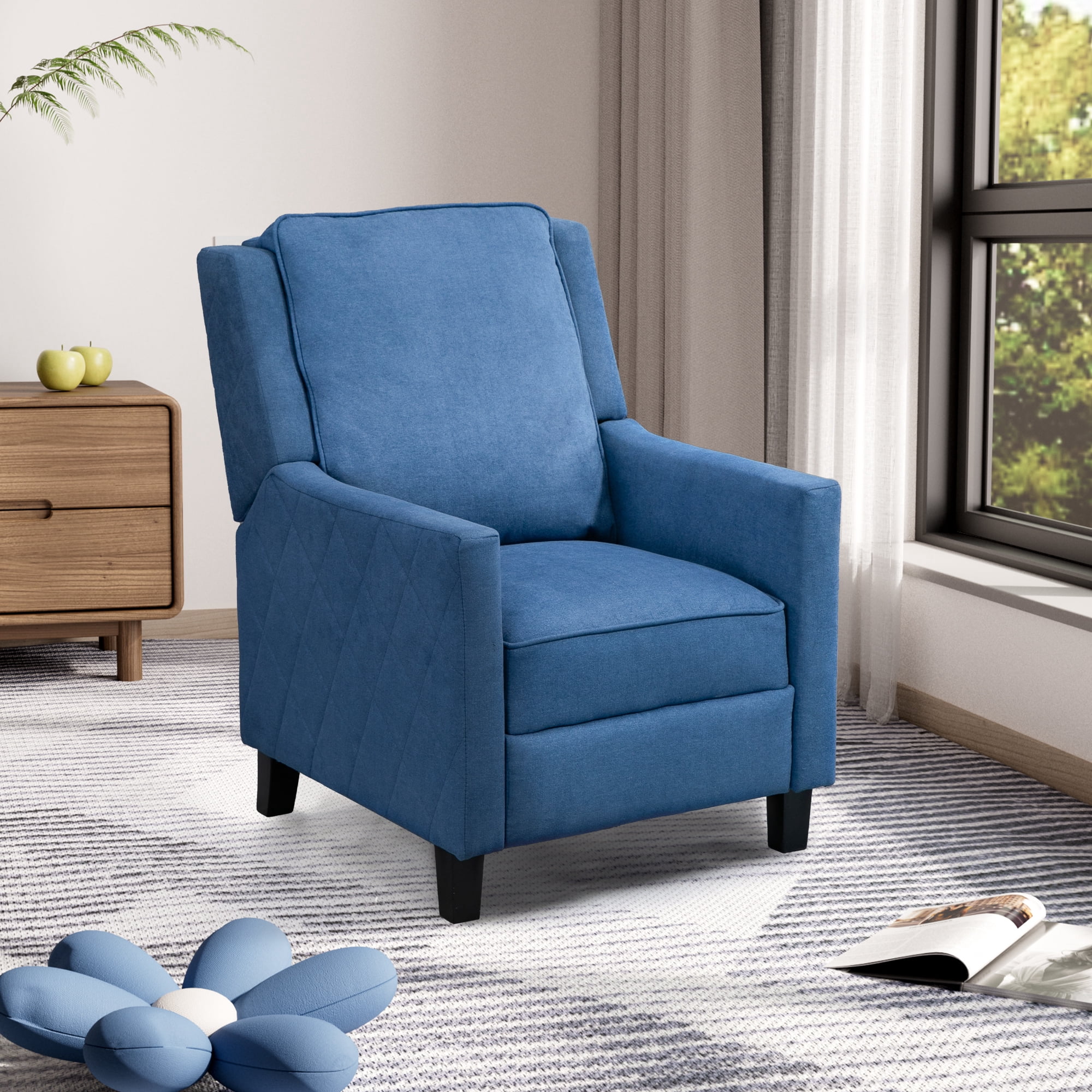 AVAWING Push Back Recliner Chair, Blue Wing Back, Fabrics, Mid-Century Accent, Living Room