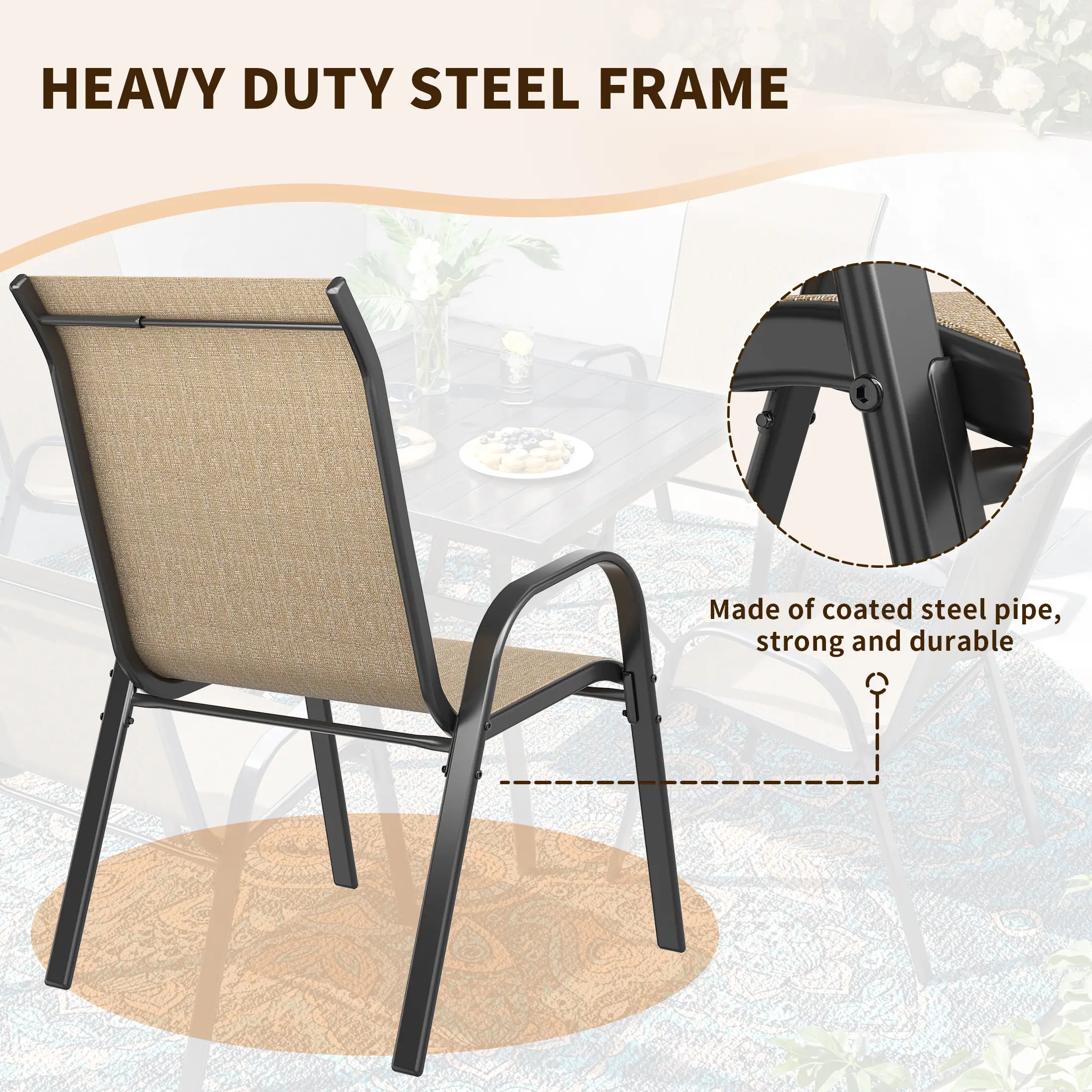 UDPATIO Patio Chairs Set of 4, Outdoor Dining Chairs High Back with All Weather Breathable Textilene, Metal Frame for Lawn Garden Backyard Deck, Brown
