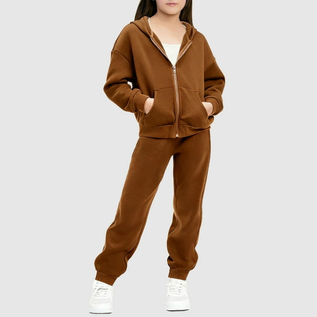 Chaqueta de invierno de color liso para niños, sudadera larga con capucha y cremallera y pantalones deportivos con lazo en las piernas, conjunto deportivo informal con forro polar para mayor calidez,