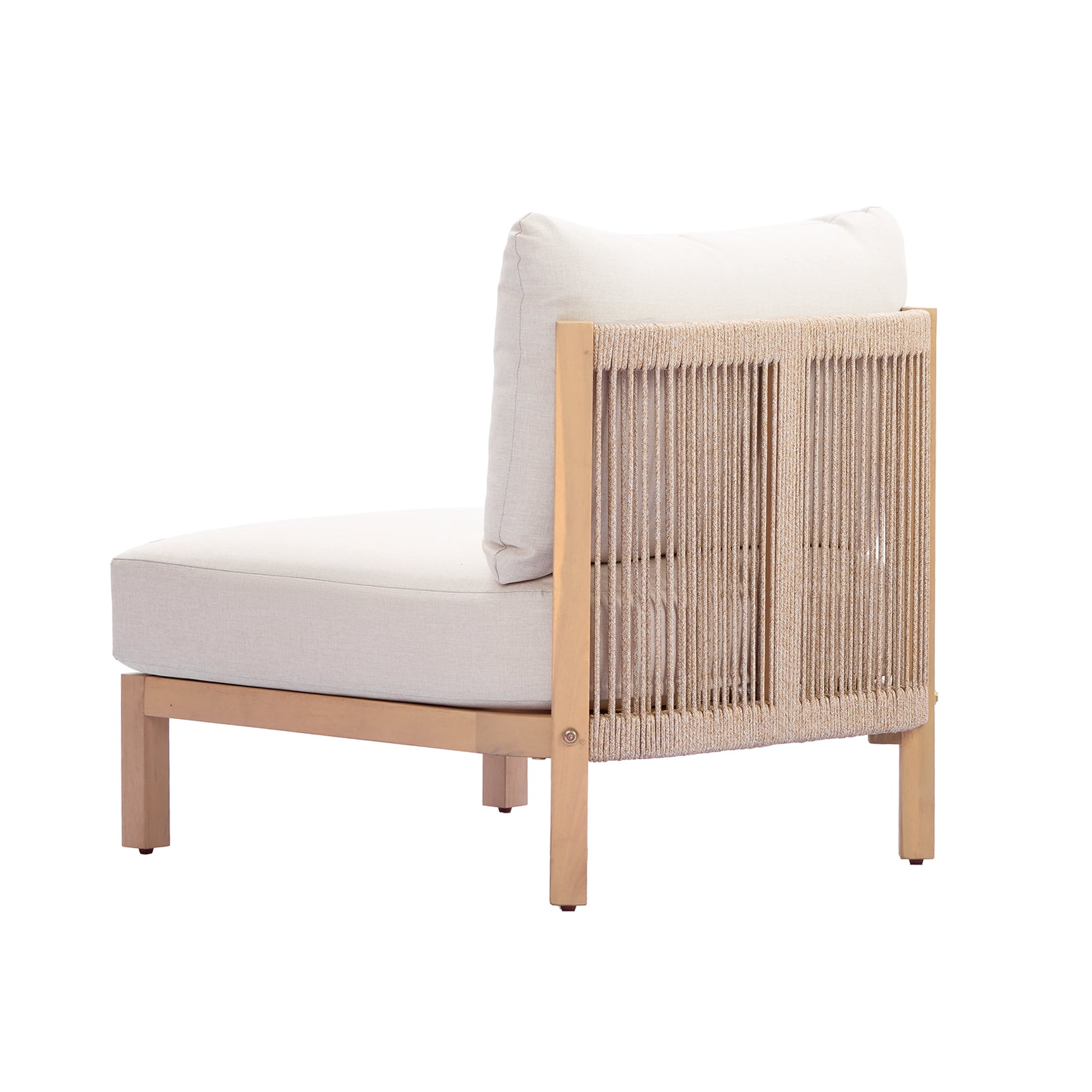 Acacia Wood Outdoor Club Chair with Rope Weave Backrest and Beige Cushion, Patio Lounge Chair for Garden and Balcony, Light Teak