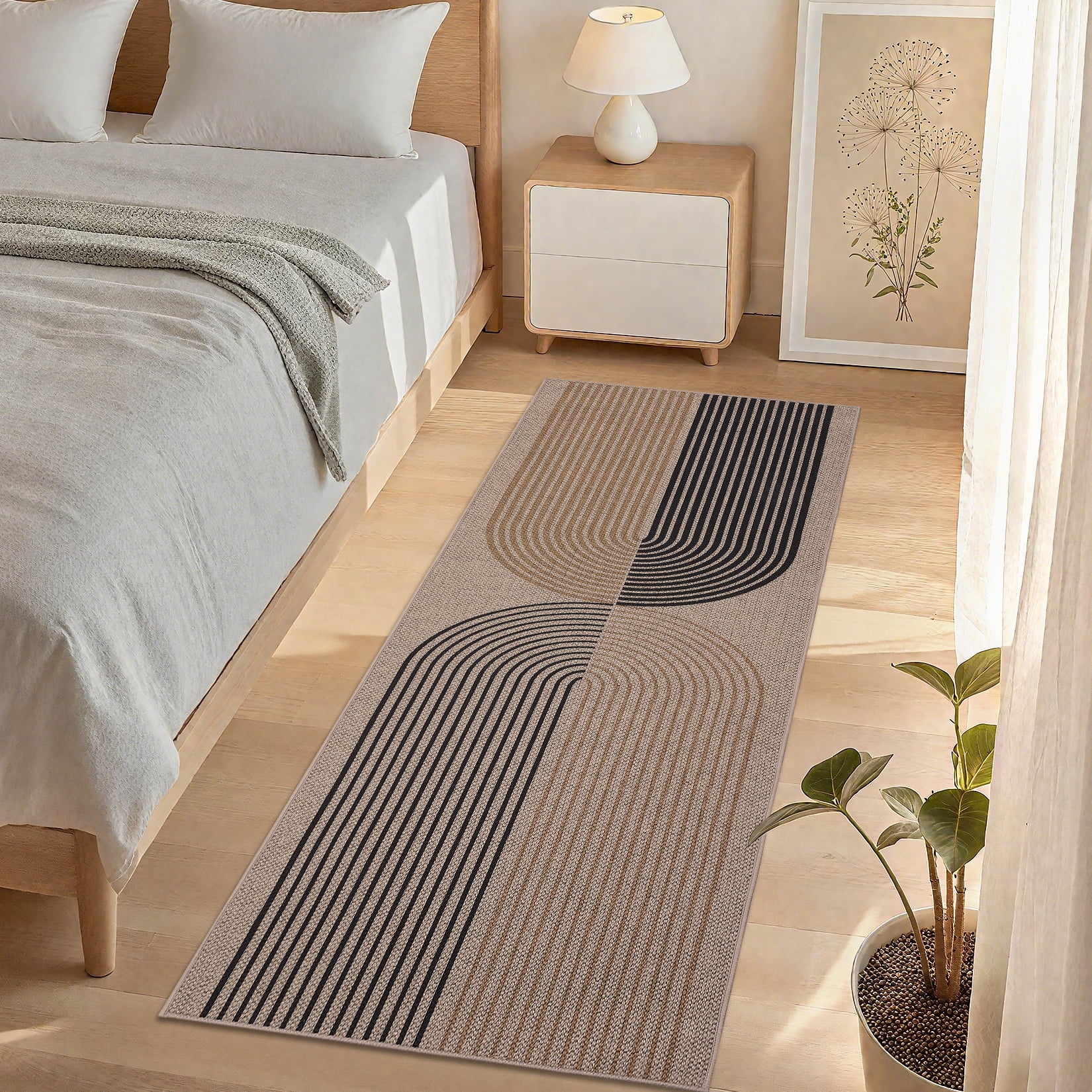 HIWEAVER Camel/Yellow 2' x 6' Easy Jute Area Rug for Living Room Non Slip Stain Resistant Arch Striped Indoor Carpet Non Shedding Modern Geometric Mat for Dining Room Outdoor Patio Rug