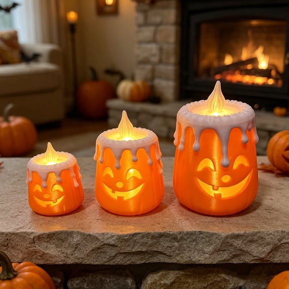 3 Pack Light Up Jack O Lantern Candle Lamp, Resin Smiling Pumpkin Flameless LED Tabletop Decor for Halloween & Thanksgiving Home Party Display