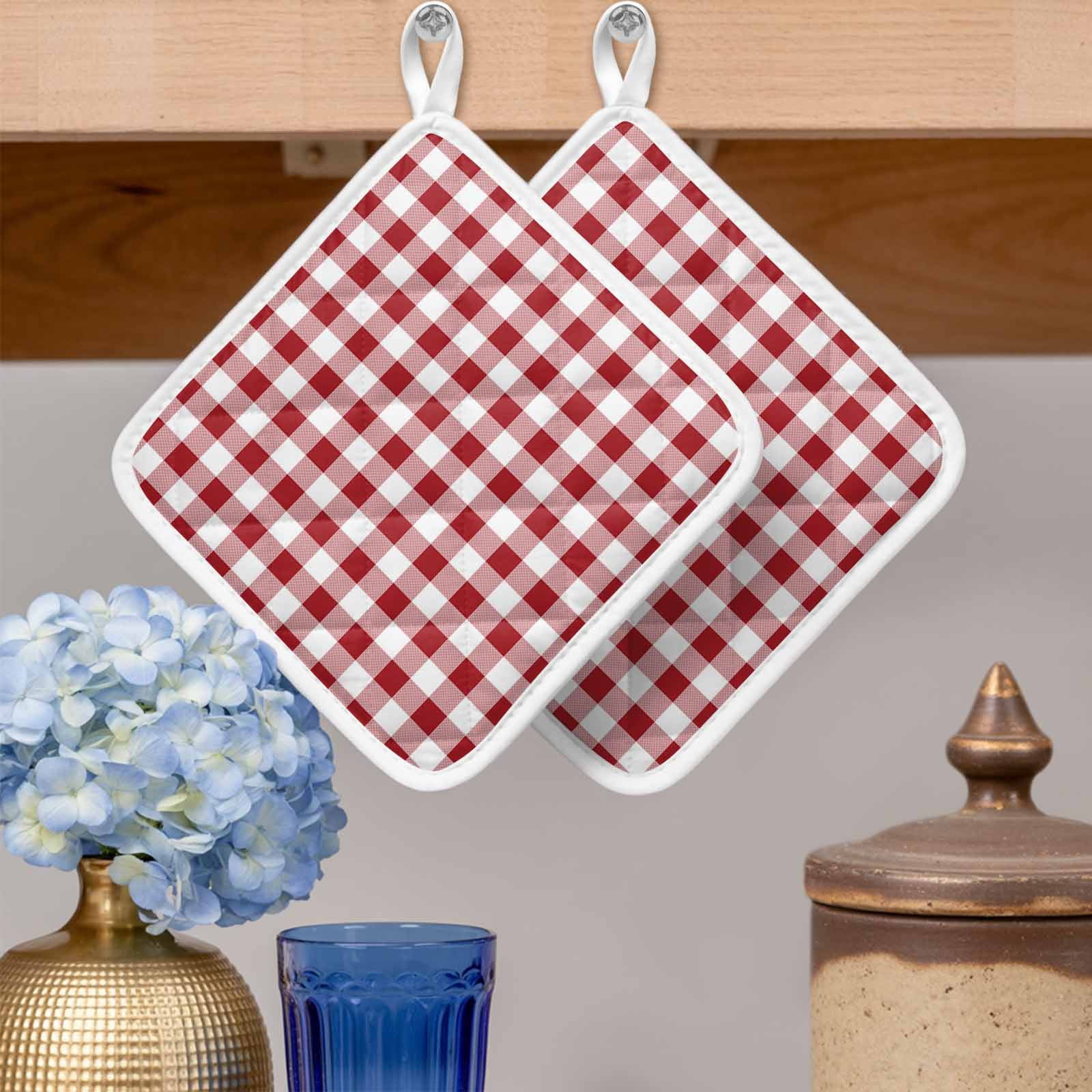 Farmhouse Red Plaid Pot Holders for Kitchen Heatproof Potholder, 3 Pack Rustic Red White Checkered Hot Pads Multipurpose Oven Pads Cloth Potholders Trivet for Cooking Baking