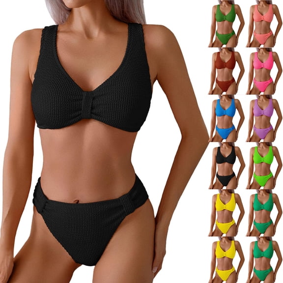 Women's Bikini Set Fashion Solid Color Two Piece Sexy Swimsuit with Removable Bra Pads No Underwire for Beach Vacation,Black,L