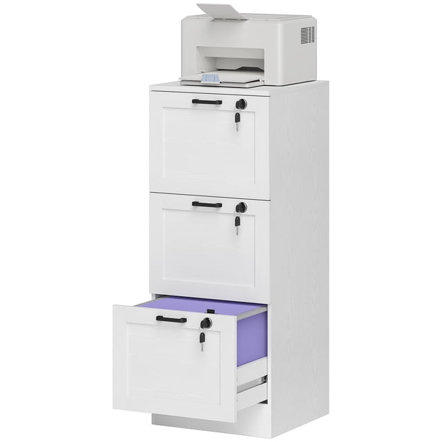 CoSoTower Vertical Filing Cabinet with 3 Drawers, Lock, File Cabinet for Home Office, A4 and Letter Size Files, White